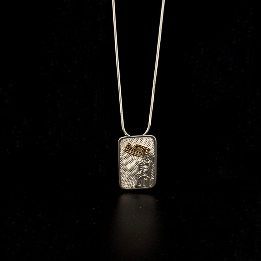 Canadian Indigenous, Hand Carved Sterling Silver and 14K Gold Rectangular Wolf Pendant, First Nations Native Jewellery, Kwakwaka'wakw