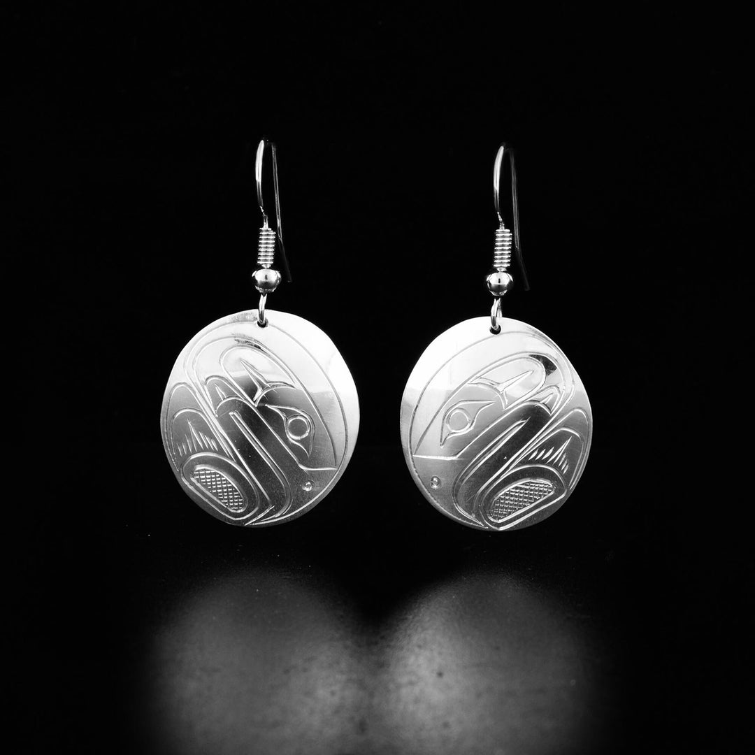 Canadian First Nations, Hand Carved Sterling Silver Medium Oval Eagle earrings, Indigenous Native Jewellery