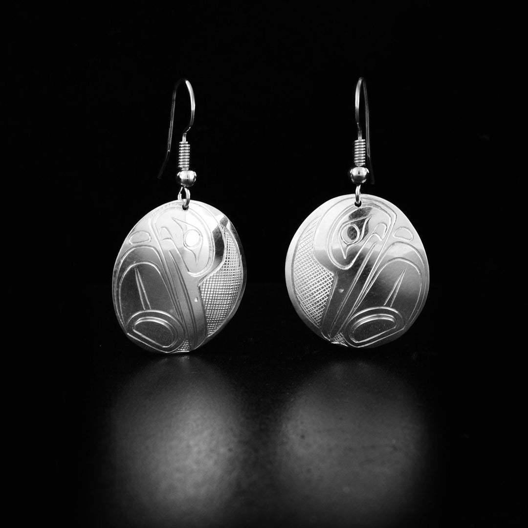 Canadian First Nations, Hand Carved Sterling Silver Large Oval Hummingbird Earrings, Indigenous Native Jewellery