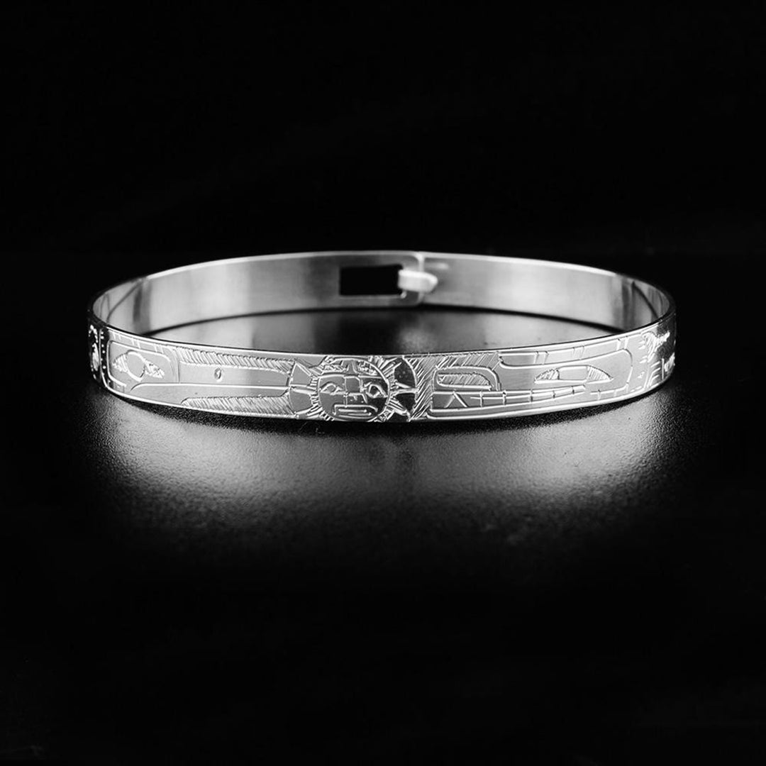 Northwest Coast First Nations, Hand Carved Sterling Silver 1/4" Hummingbird, Bear and Moon Clasp Bracelet, Indigenous Jewellery