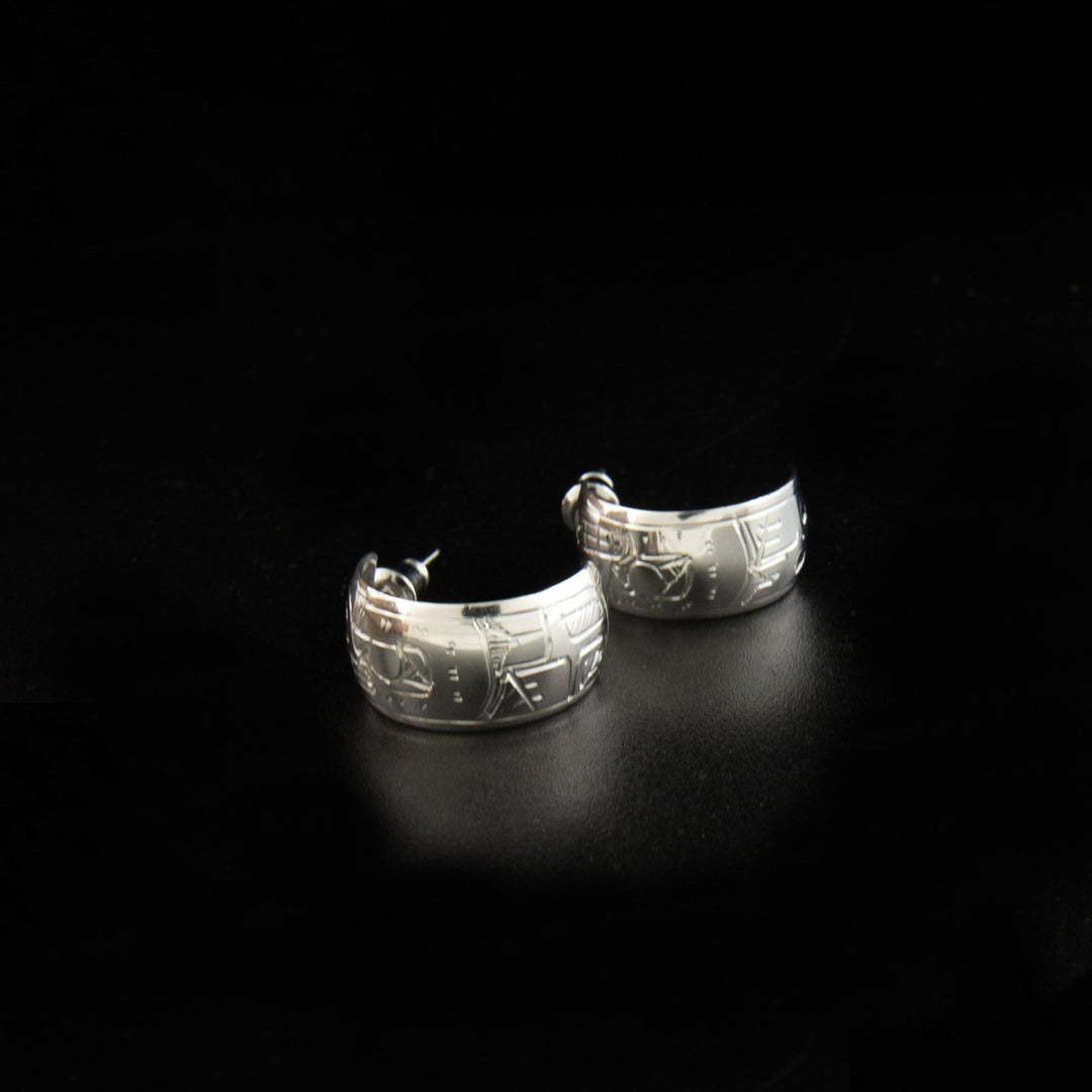 Canadian First Nations, Hand Carved Sterling Silver 3/8" Bear Hoop Earrings, Indigenous Native Jewellery, Coast Salish