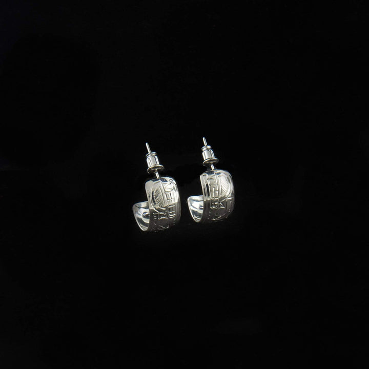 Canadian First Nations, Hand Carved Sterling Silver 3/8" Bear Hoop Earrings, Indigenous Native Jewellery, Coast Salish