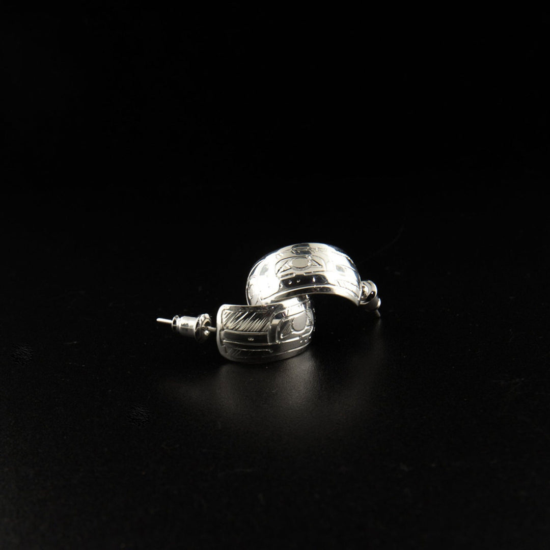 Canadian First Nations, Hand Carved Sterling Silver 3/8" Hummingbird Hoop Earrings, Indigenous Native Jewellery, Coast Salish