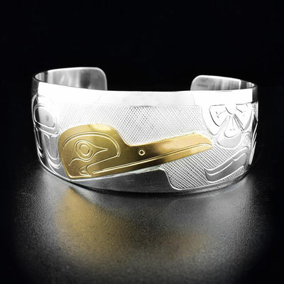 Northwest Coast First Nations, Hand Carved Sterling Silver and 14K Gold Hummingbird Bracelet, Indigenous Jewellery