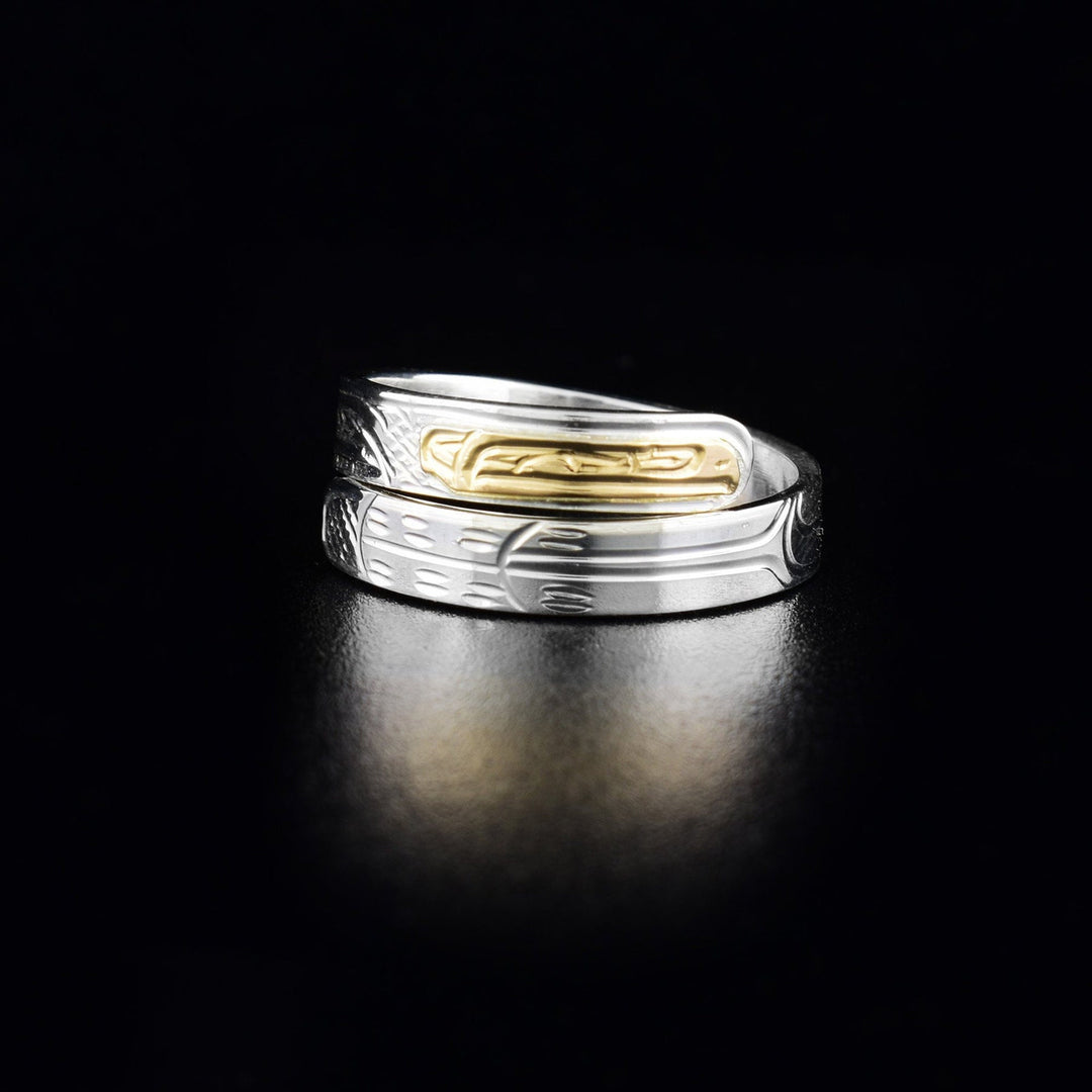 Northwest Coast Indigenous, Hand Carved 14K Gold and Sterling Silver 1/8" Raven Wrap Ring, First Nations Jewellery, Kwakwaka'wakw