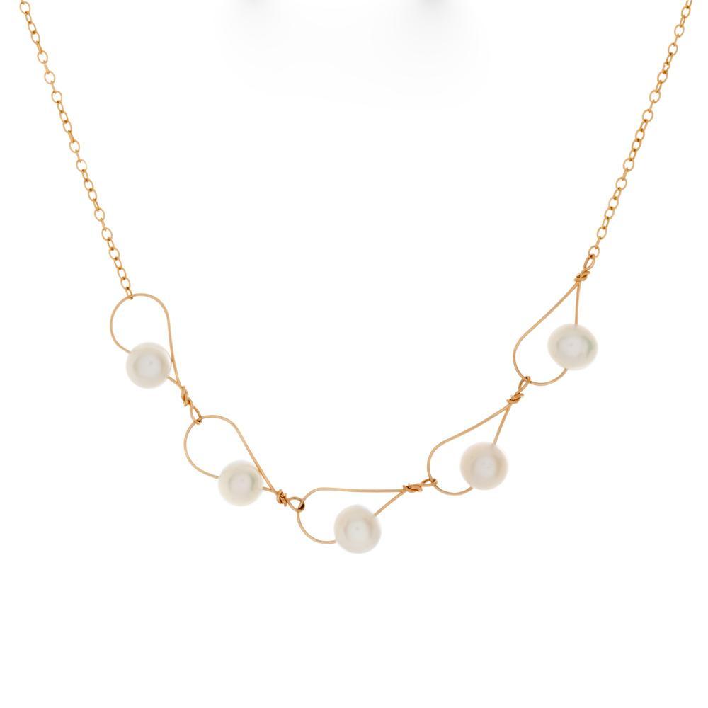 This filled gold chain necklace with pearls has been made by combining tear drop shaped links made from white freshwater pearls strung through gold fill wire. These links are connected to form this pearl, chain link necklace.