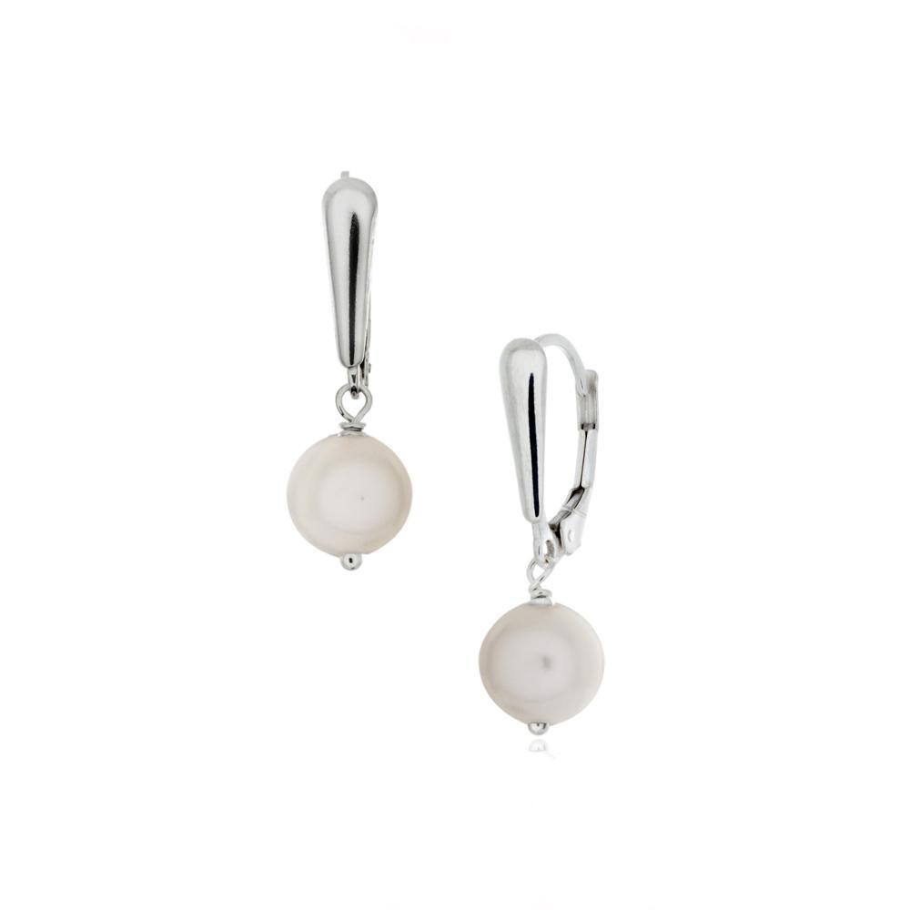 These pearl drop earrings are made from sterling silver and fresh water pearls. They have silver hooks and large, white pearl dangles.